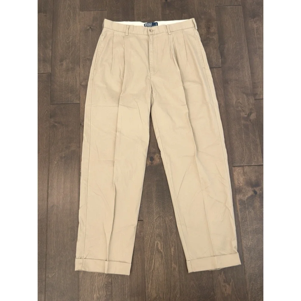 Polo Ralph Lauren Mens 34X30 Hammond Pants Khaki Tan Pleated Cuffed Chinos